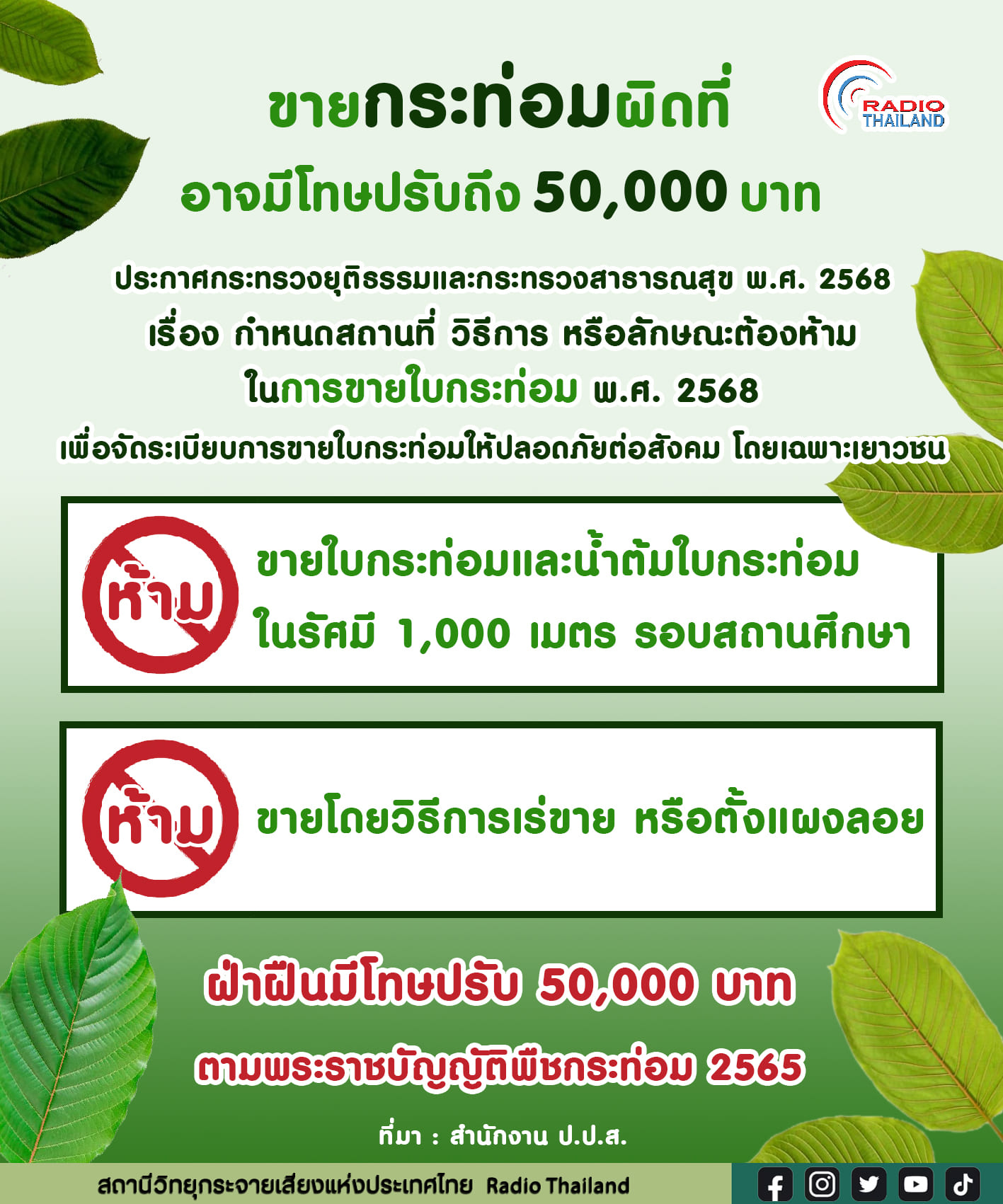 "ขายกระท่อมผิดที่ อาจมีโทษปรับถึง 5️⃣0️⃣,0️⃣0️⃣0️⃣ บาท!"
